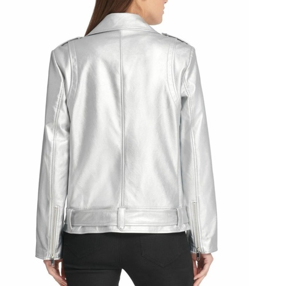 NWT Faux Leather Silver Moto Jacket by DKNY - Picture 4 of 10